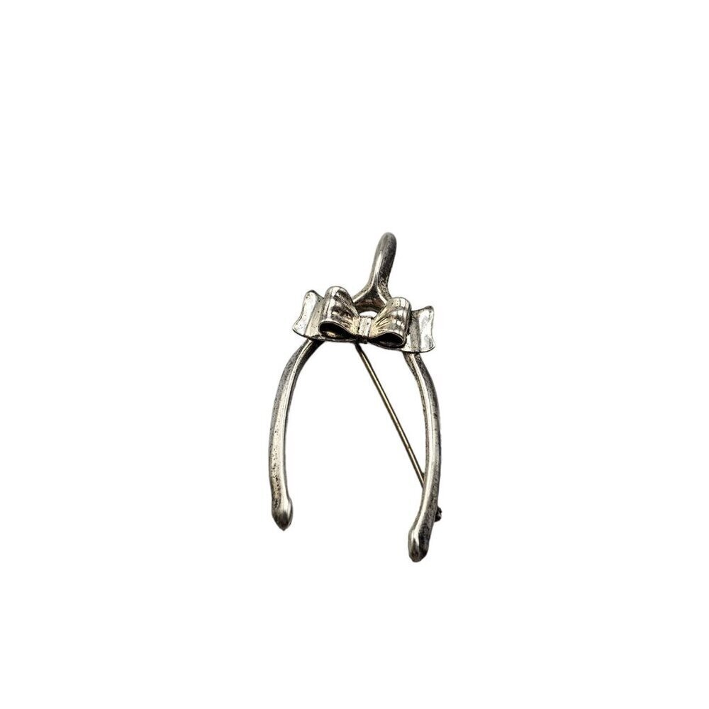 Beau Sterling Silver Wishbone with Bow Lucky Lapel Brooch Pin Vintage